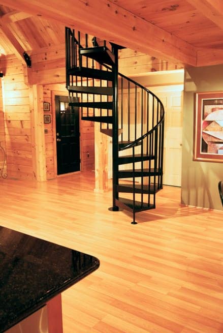 all steel stair in wood cabin